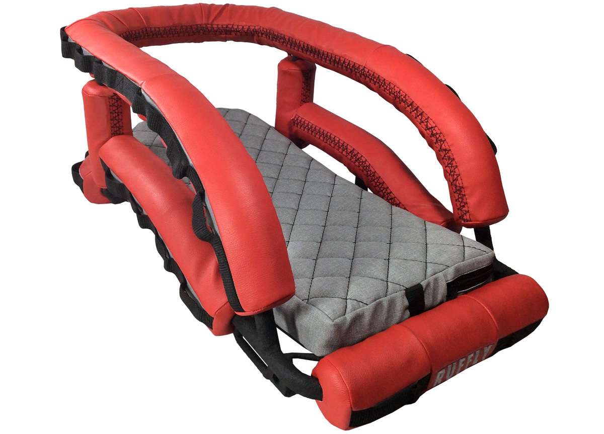 Red Faux Rawhide with black stitching, Luggage Loops, and Light Grey Micro Grip cushion Red Faux Rawhide with black stitching, Luggage Loops, and Light Grey Micro Grip cushion
