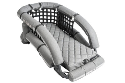 Front-top-side view of grey motorcycle dog carrier with black webbing safety net installed between roll bars