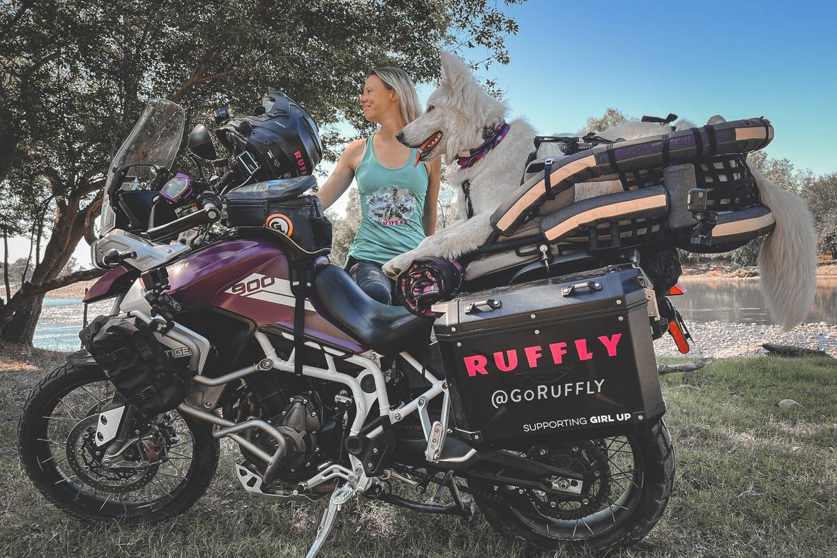Woman smiles beside purple motorcycle with big white dog in safety net carrier