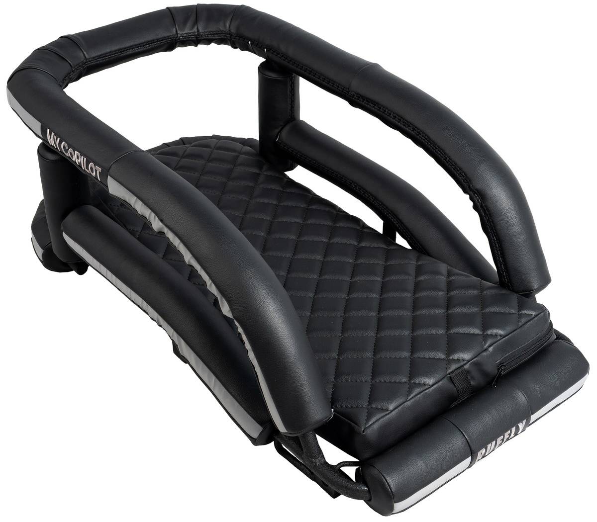Extra Large size motorcycle dog carrier in black imitation leather with MY COPILOT embroidered on the roll bar