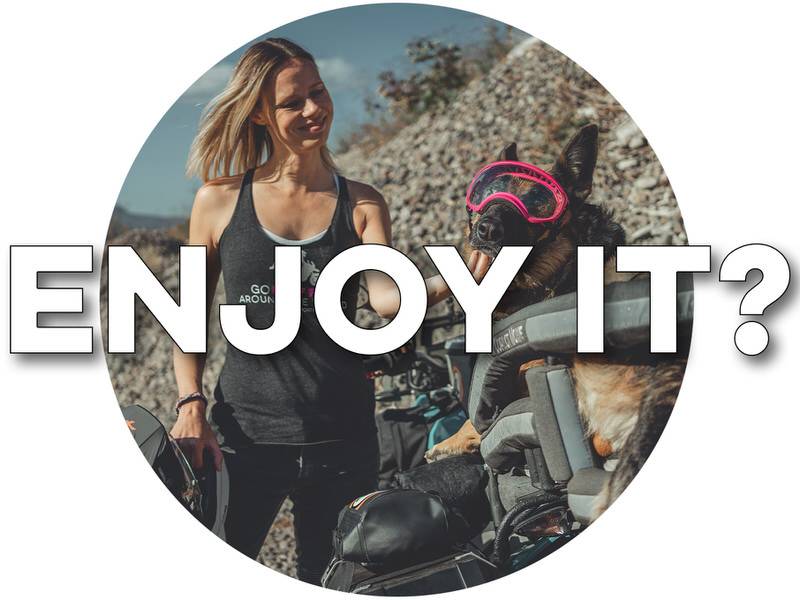 Play button over medallion of woman scratching the chin of a German Shepherd in a motorcycle dog carrier with overlaid text "ENJOY IT?"