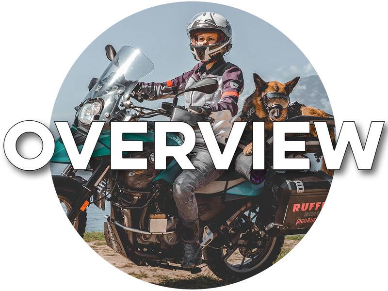 Play button over medallion of woman on a motorcycle with a German Shepherd dog riding in a carrier with overlaid text "OVERVIEW"