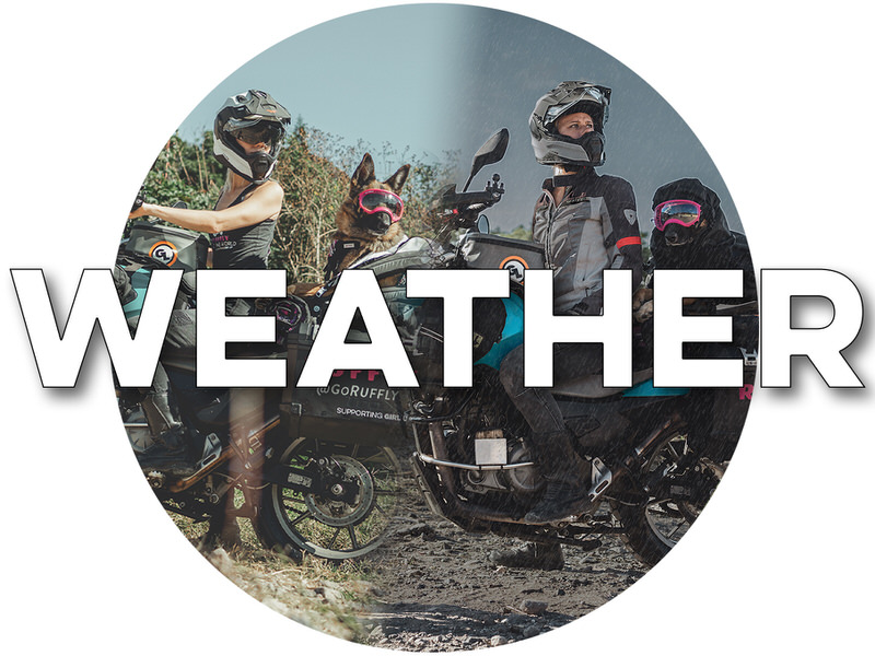 Woman rides motorcycle with dog in hot sun and rain with overlaid text: "WEATHER"