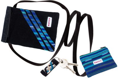 Craftsman built crossbody bag, change purse, and keychain in blue and black