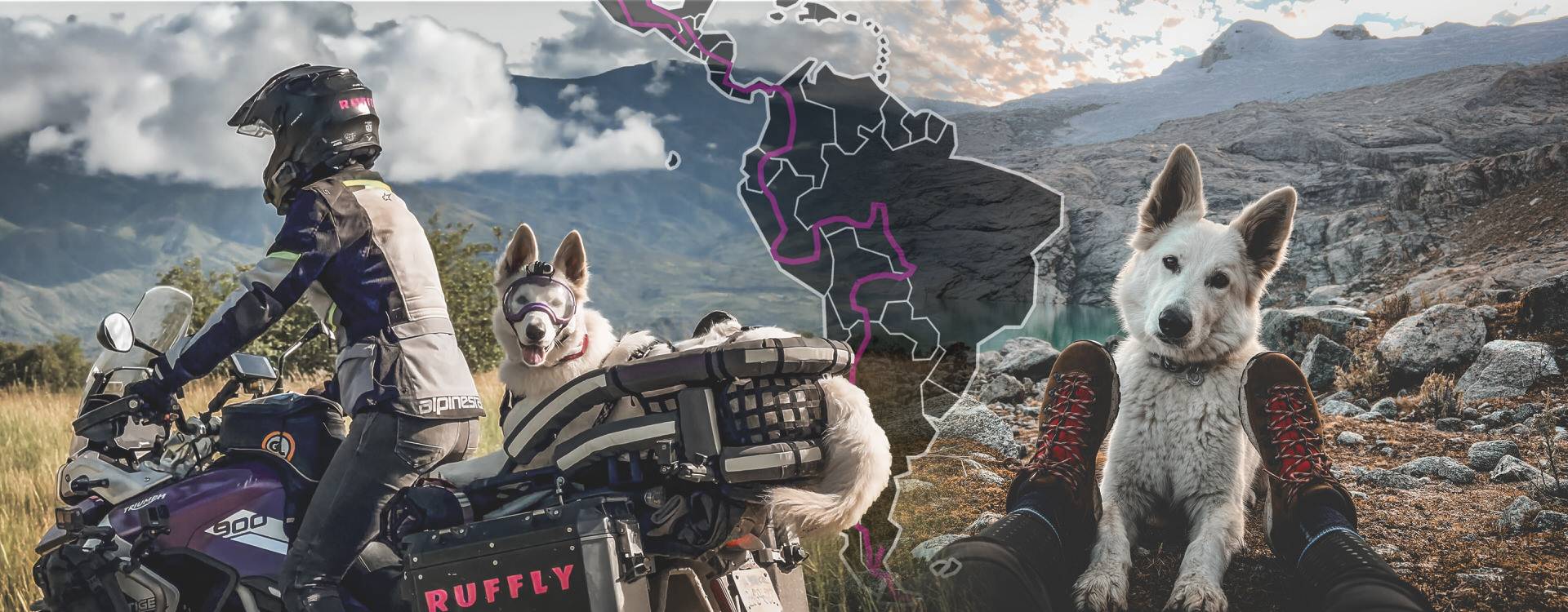TEMP Motos and Figures Image of woman riding a motorcycle with a big white dog that merges into woman sitting at campsite with dog with overlaid map