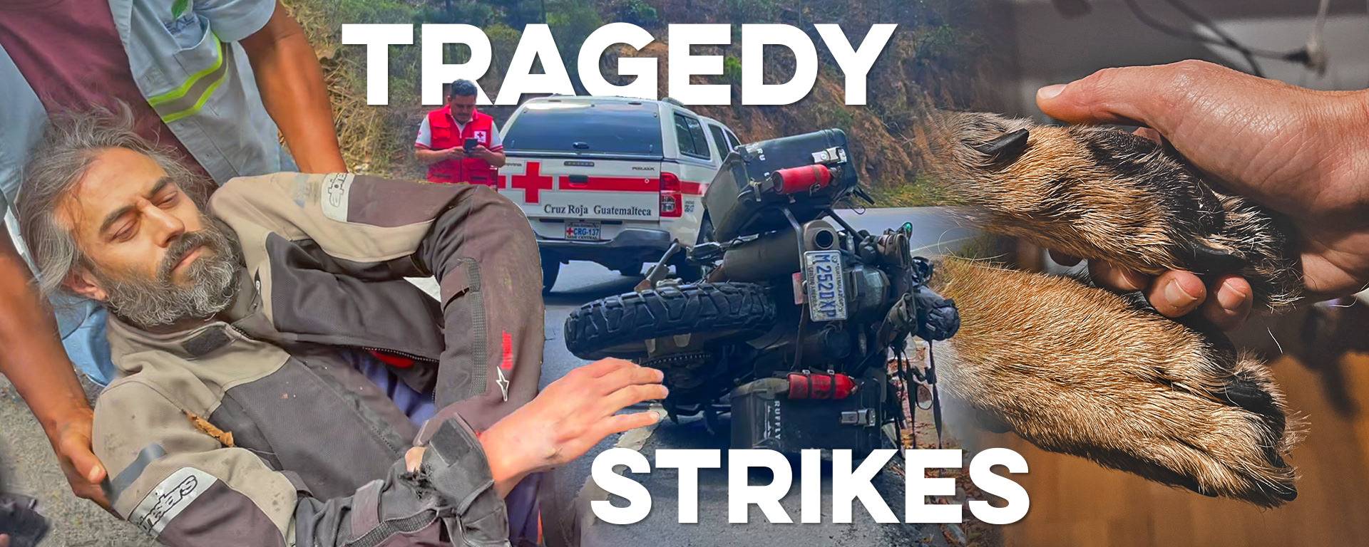 TEMP Motos and Figures Man is injured in motorcycle accident beside damaged motorcycle and paws of dog that passed away