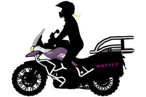small dog plan 2 Cartoon drawing of a woman riding on a Triumph Tiger 900 motorcycle with a dog carrier