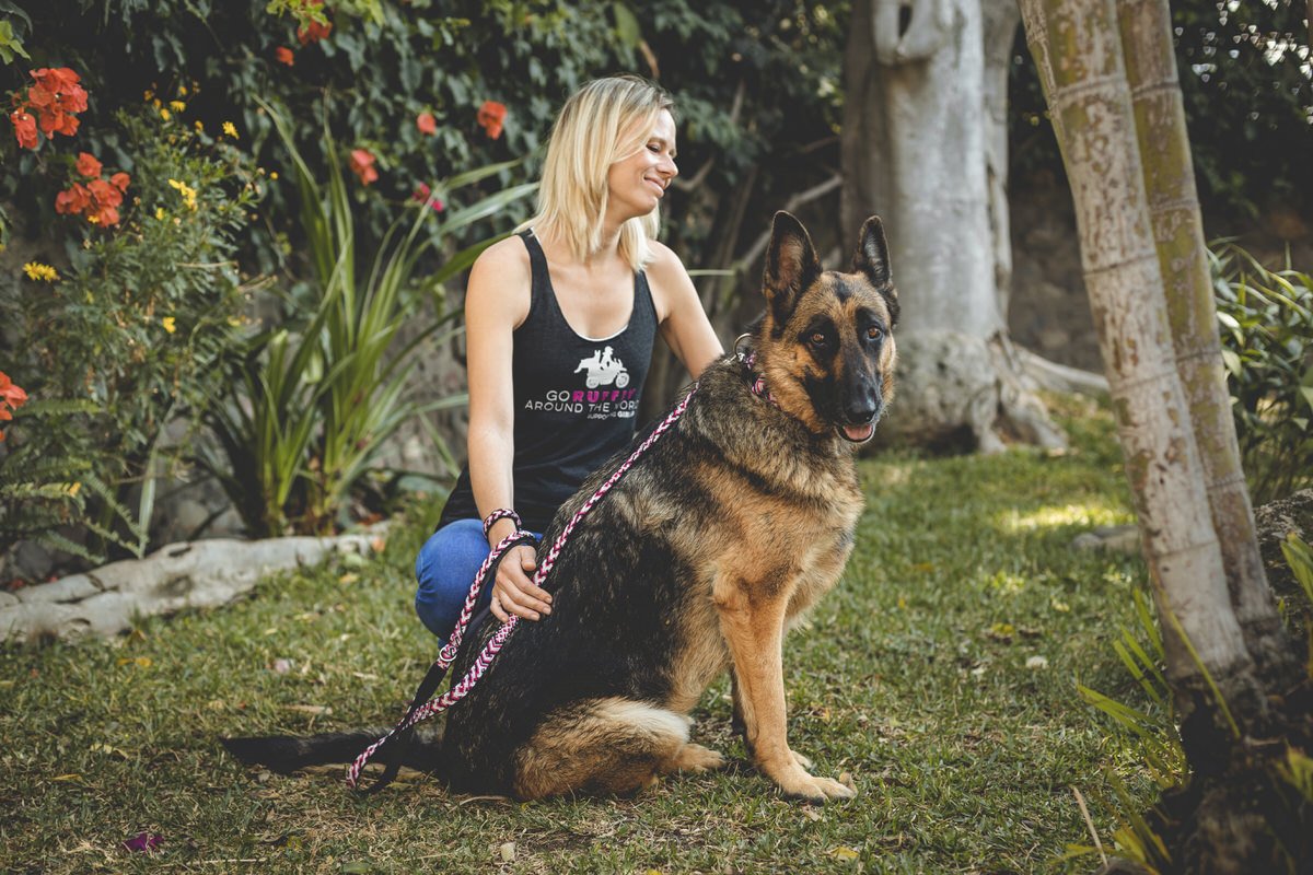 Young blonde woman sits in garden with German Shepherd on a pink leash