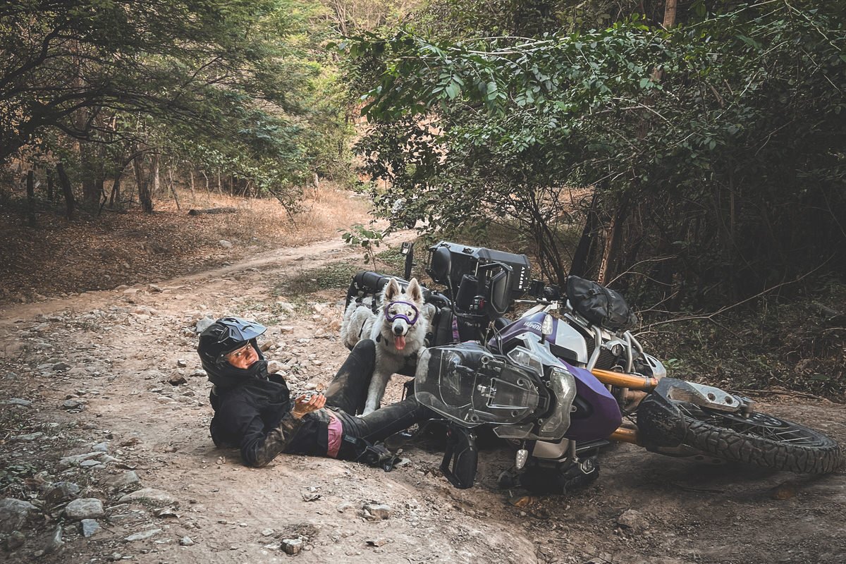 GoRUFFLY Book Excerpt Woman and white dog crash motorcycle on difficult dirt road