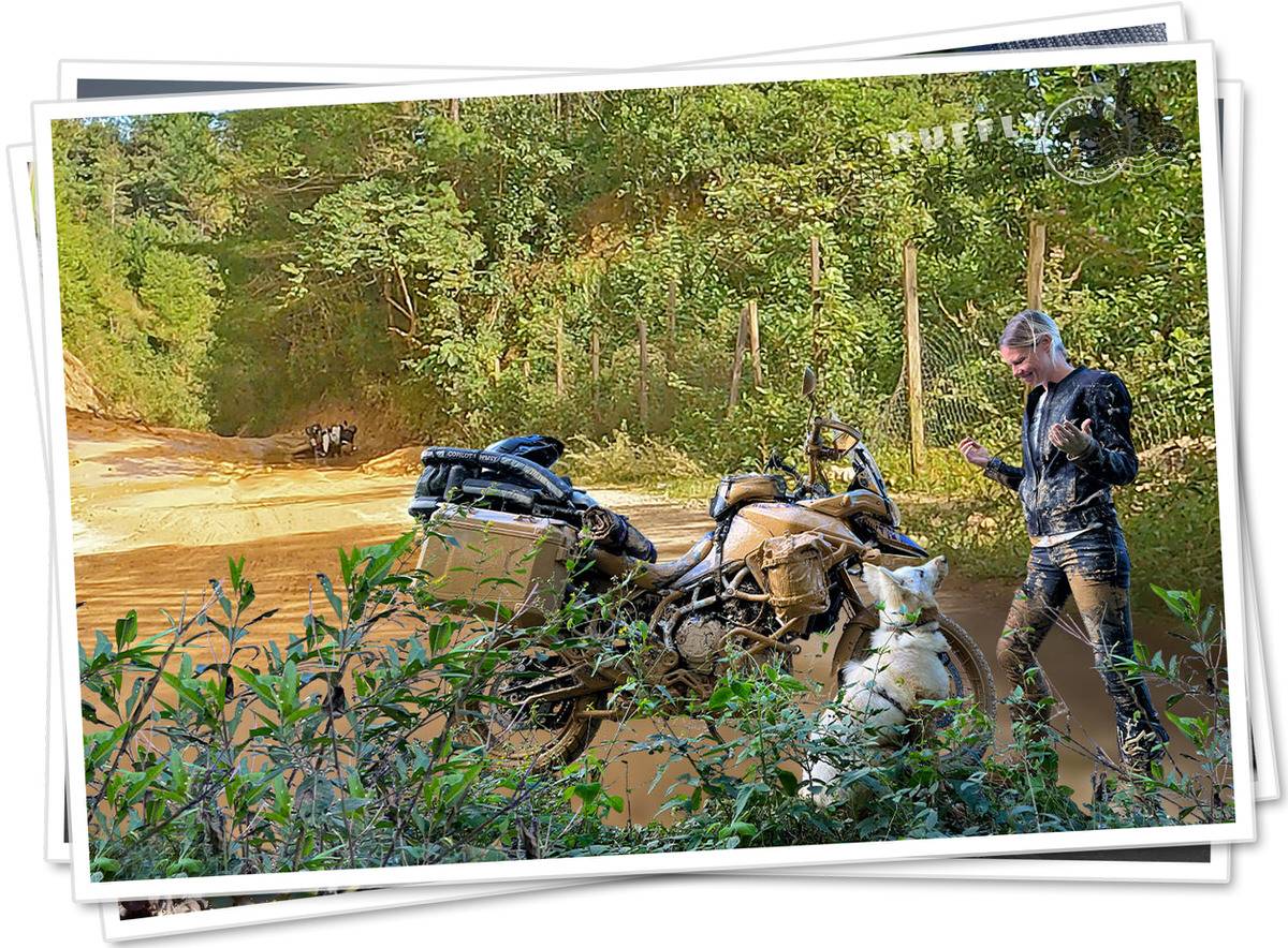 Postcard of a woman and a white dog beside a dirty motorcycle after a muddy crash
