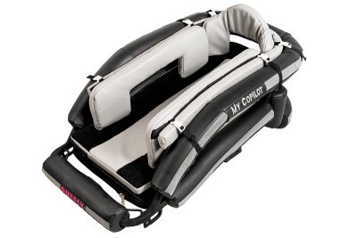 Front angle view of padded inserts inside motorcycle dog carrier for better fit