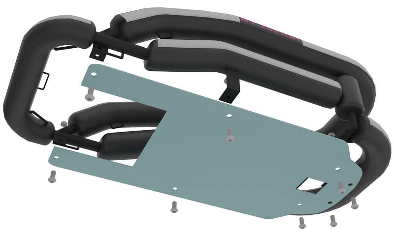 3D diagram shows how mounting baseplate installs to motorcycle dog carrier frame