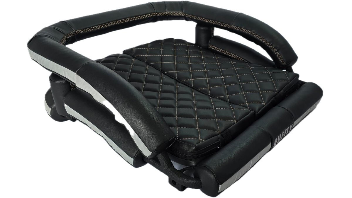 Front-side view of black motorcycle dog carrier for two medium size dogs side by side