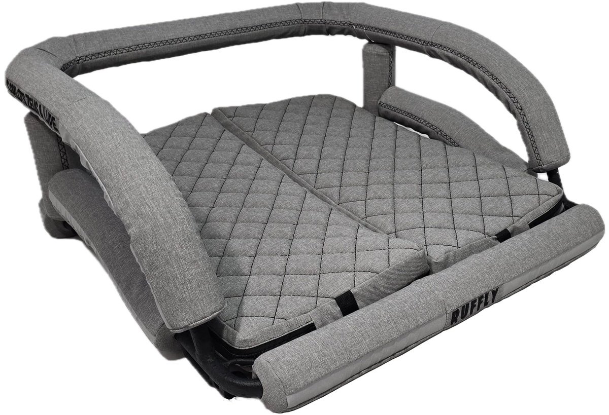 Front-side view of grey motorcycle dog carrier for 2 large dogs side by side