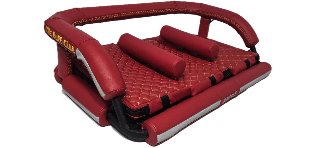 Front-side view of red motorcycle dog carrier for three small dogs side by side