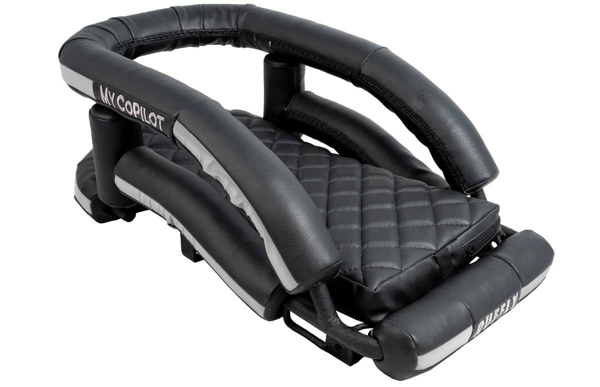 Medium size motorcycle dog carrier in black imitation leather with MY COPILOT embroidered on the roll bar
