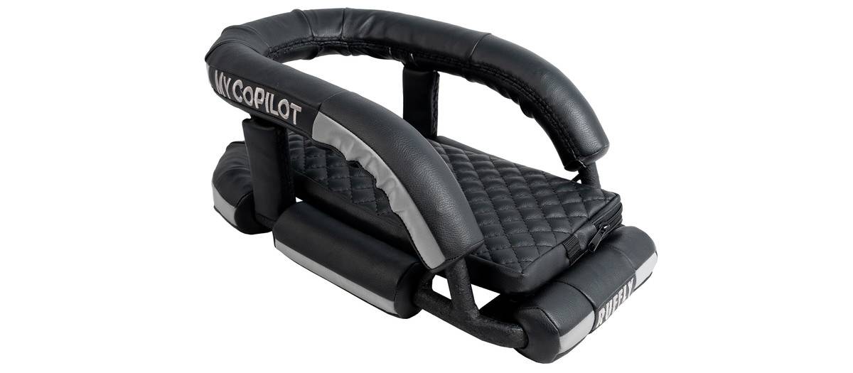 Extra Small size motorcycle dog carrier in black imitation leather with MY COPILOT embroidered on the roll bar
