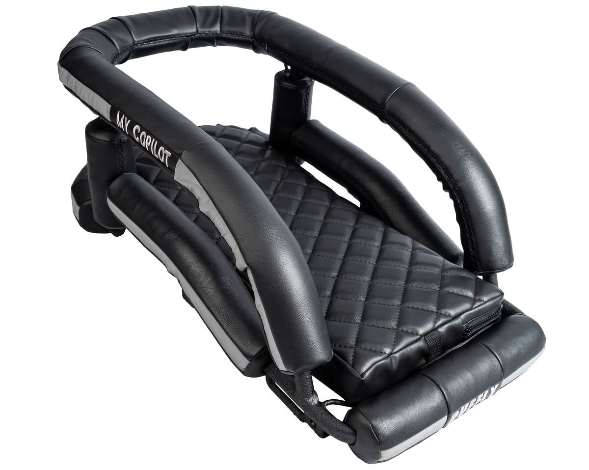 Large size motorcycle dog carrier in black imitation leather with MY COPILOT embroidered on the roll bar