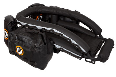 Front-side view of motorcycle dog carrier with luggage strapped to MOLLE webbing