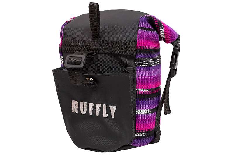 Front side view of dog food travel bag in pink, purple, and black with slide connector buckles