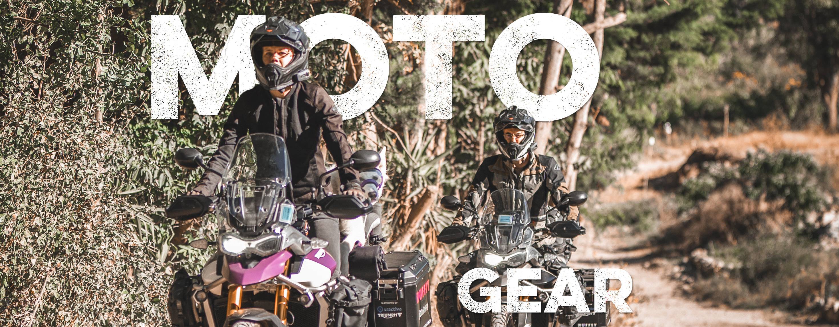 TEMP Motos and Figures Woman rides purple adventure motorcycle and man rides separate bike off-road behind her
