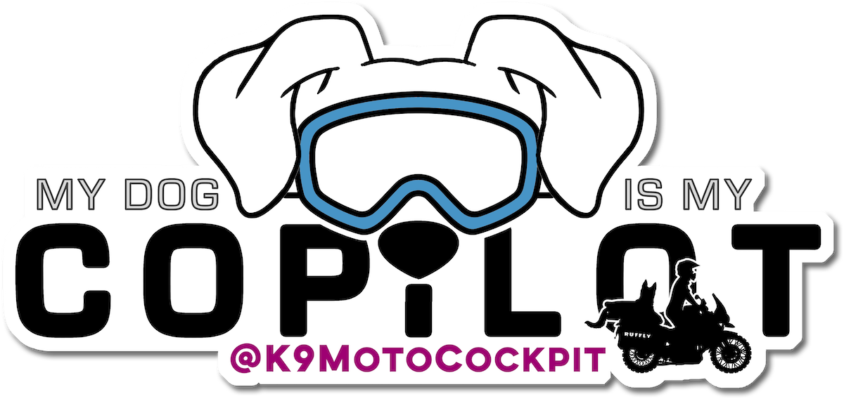 My Dog Is My Copilot Kiss-cut sticker of a dog head wearing blue goggles and a silhouette of riding on a motorcycle with stylized text "My Dog Is My Copilot"