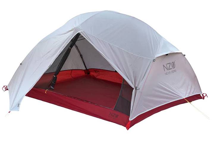 Near Zero Ultralight 3-Person backpacking tent with waterproof rainfly partially unzipped