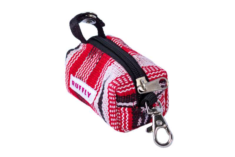 Red and black handwoven dog poop bag holder made by Guatemalan artisans with swivel clip and strap