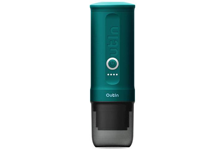 Portable battery-powered electric espresso maker in teal