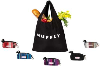 Side view of tote bag stuff sack in six colors with filled grocery bag