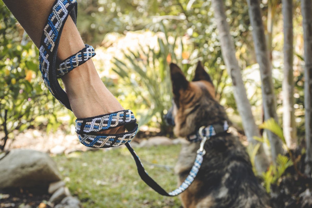 Craftsman Built to Live Extraordinary Together Woman's hand holds a blue dog leash that is connected to a German Shepherd
