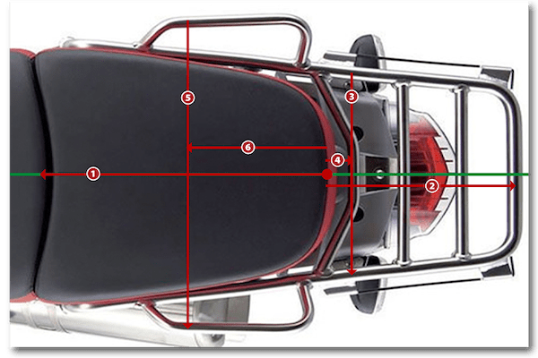 Arrows and numbers that mark up a photo of a motorcycle