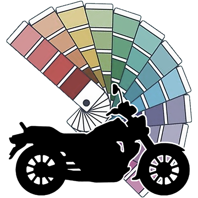 Color swatch booklet with motorcycle silhouette overlaid
